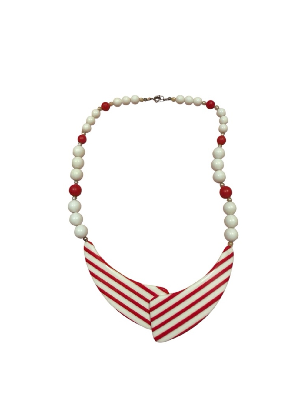 Vintage red and white plastic necklace. Featuring a modernist geometric design